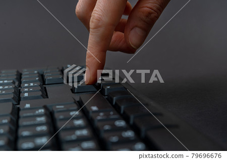 Hands Pointing Pressing Computer Keyboard Keys Typewriting New Ideas. Fingers Tapping Typing Fresh Thoughts Using Wireless Notebook Keypad. 79696676