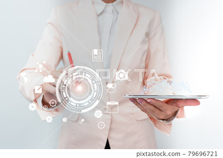 Business Woman Touching Digital Data On Holographic Screen Interface. Lady In Uniform Holding Mobile Device And Presenting Different Futuristic Virtual Display Diagrams. Business Woman Touching Digital Data On Holographic Screen Interface. Lady In Uniform Holding Mobile Device And Presenting Different Futuristic Virtual Display Diagrams. 79696721