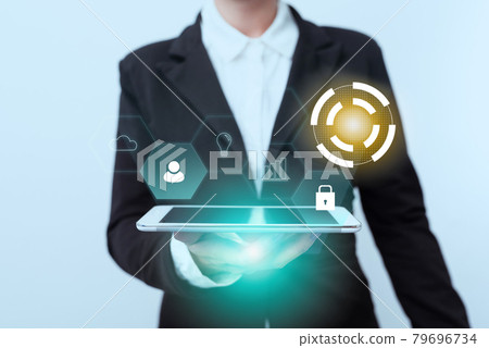 Woman In Suit Standing Holding Device Displaying Digital Virtual Interface. Lady In Uniform Presenting Mobile Phone Showing Futuristic Technologies Display Woman In Suit Standing Holding Device Displaying Digital Virtual Interface. Lady In Uniform Presenting Mobile Phone Showing Futuristic Technologies Display 79696734