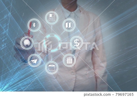 Lady In Uniform Side Standing Holding Tablet In Hand Virtually Typing On Screen. Bussiness Woman Carrying Tab Writing New Futuristic Technologies. 79697165