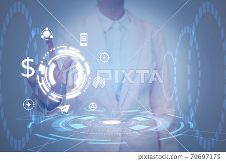 Lady In Uniform Side Standing Holding Tablet In Hand Virtually Toching On Screen. Bussiness Woman Carrying Tab Writing New Futuristic Technologies. Lady In Uniform Side Standing Holding Tablet In Hand Virtually Toching On Screen. Bussiness Woman Carrying Tab Writing New Futuristic Technologies. 79697175