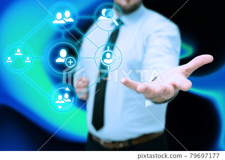 Man In Uniform Side Standing Stretching Hand Holding New Futuristic Technologies. Gentelman Extending Palms Carrying New Innovative Concepts. 79697177