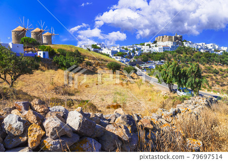 Traditional Greece - Patmos island. View of old windmills and monastrey 79697514