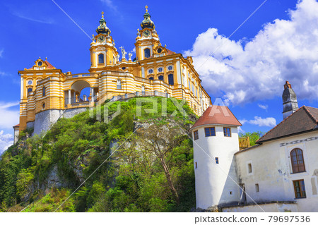 Travel in Austria, Wachau valley, Danube river. Barroque abbey Melk Travel in Austria, Wachau valley, Danube river. Barroque abbey Melk 79697536