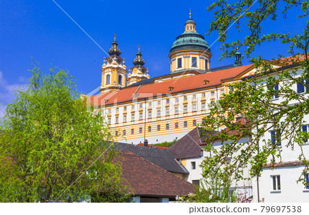 Travel in Austria, Wachau valley, Danube river. Barroque abbey Melk Travel in Austria, Wachau valley, Danube river. Barroque abbey Melk 79697538