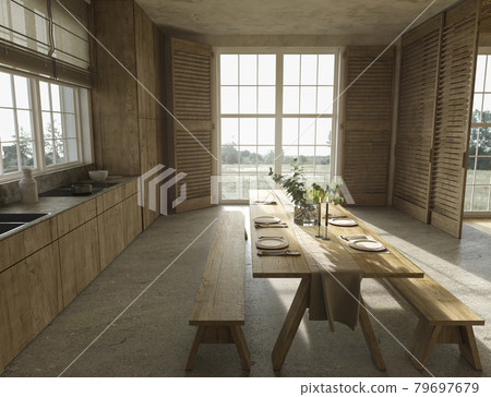 Scandinavian farmhouse style wooden kitchen and large windows with nature view. Dining table with dishes. 3d render illustration. Scandinavian farmhouse style wooden kitchen and large windows with nature view. Dining table with dishes. 3d render illustration. 79697679