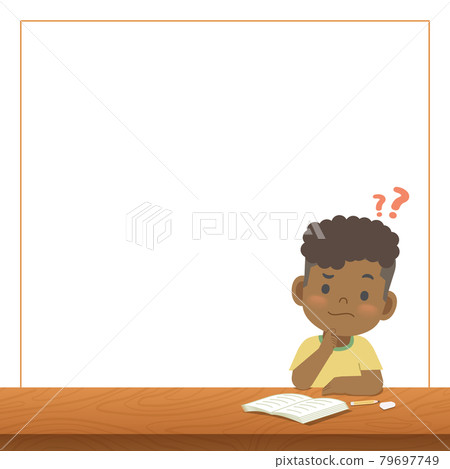 blank banner text box frame and a black boy study at the desk with a question, illustration vector. Education Concept. blank banner text box frame and a black boy study at the desk with a question, illustration vector. Education Concept. 79697749