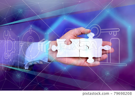 Hand Holding Jigsaw Puzzle Piece Unlocking New Futuristic Technologies. Palm Carrying Puzzles Part Displaying Solving Late Innovative Virtual Ideas. 79698208