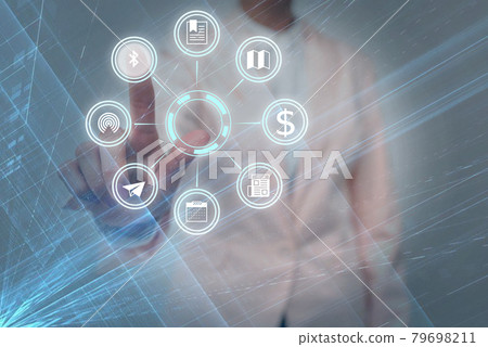 Lady In Uniform Side Standing Holding Tablet In Hand Virtually Toching On Screen. Bussiness Woman Carrying Tab Writing New Futuristic Technologies. 79698211
