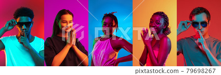 Group of people, young women and men isolated over colored backgrounds in neon lights. Concept of facial expression, emotions 79698267