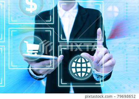 Lady In Uniform Standing Holding Phone In Hand Pressing Virtual Globe Button, Bussiness Woman Carrying Mobile Poining For New Futuristic Technologies. Lady In Uniform Standing Holding Phone In Hand Pressing Virtual Globe Button, Bussiness Woman Carrying Mobile Poining For New Futuristic Technologies. 79698652