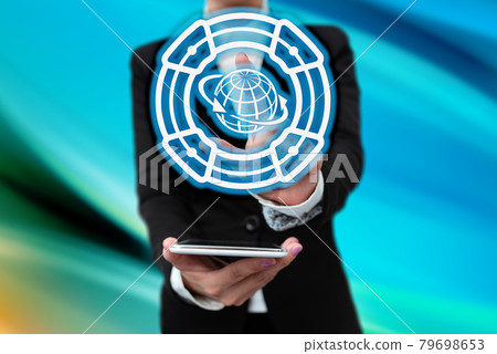 Lady In Uniform Side Standing Holding Tablet In Hand Virtually Toching On Screen. Bussiness Woman Carrying Tab Writing New Futuristic Technologies. 79698653