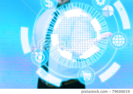 Man In Uniform Side Standing Stretching Hand Holding New Futuristic Technologies. Gentelman Extending Palms Carrying New Innovative Concepts. 79698659