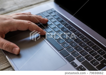 Lady Hands Pointing Pressing Computer Keyboard Keys Typewriting New Ideas. Woman Palms Tapping Typing Fresh Thoughts Using Wireless Notebook Keypad. 79698662