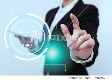 Woman In Uniform Side Standing Carrying Phone Tapping Futuristic Virtual Display Icons. Lady In Suit Holding Mobile Device Touching Innovative And Modern Icon Designs. 79698792