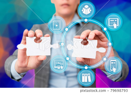 Business Woman Holding Jigsaw Puzzle Piece With Two Hands Unlocking New Futuristic Technologies. Palm Carrying Puzzles Part Displaying Solving Late Innovative Virtual Ideas. Business Woman Holding Jigsaw Puzzle Piece With Two Hands Unlocking New Futuristic Technologies. Palm Carrying Puzzles Part Displaying Solving Late Innovative Virtual Ideas. 79698793