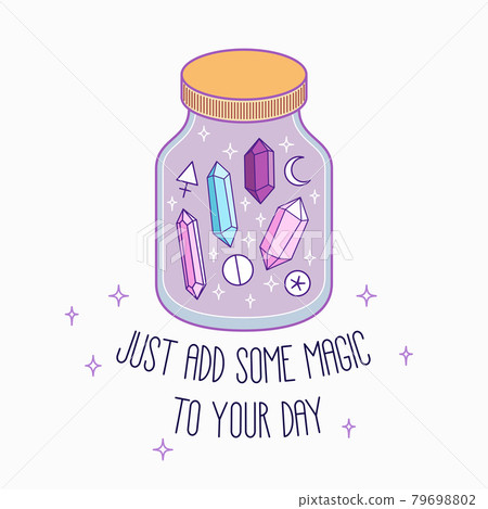 Glass Jar with Crystals, Symbols and a Quote Glass Jar with Crystals, Symbols and a Quote 79698802