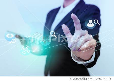 Woman In Uniform Side Standing Carrying Phone Tapping Futuristic Virtual Display Icons. Lady In Suit Holding Mobile Device Touching Innovative And Modern Icon Designs. Woman In Uniform Side Standing Carrying Phone Tapping Futuristic Virtual Display Icons. Lady In Suit Holding Mobile Device Touching Innovative And Modern Icon Designs. 79698803