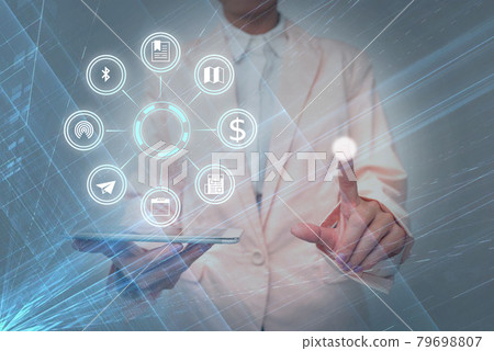 Lady In Uniform Side Standing Holding Tablet In Hand Virtually Toching On Screen. Bussiness Woman Carrying Tab Writing New Futuristic Technologies. Lady In Uniform Side Standing Holding Tablet In Hand Virtually Toching On Screen. Bussiness Woman Carrying Tab Writing New Futuristic Technologies. 79698807