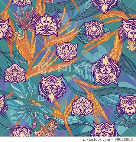 Vector pattern with wild cats and jungle plants Vector pattern with wild cats and jungle plants 79698808