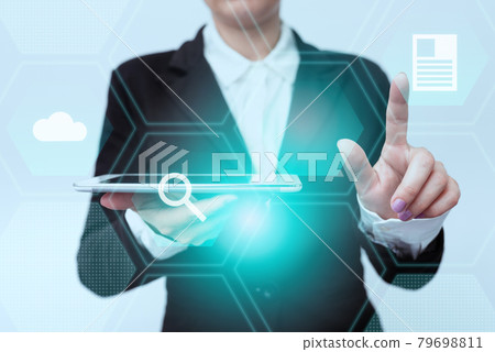 Woman In Suit Standing Holding Tablet Pointing Finger On Futuristic Virtual Button. Lady In Uniform Carrying Touchpad Pressing Modern Interface Symbols. Woman In Suit Standing Holding Tablet Pointing Finger On Futuristic Virtual Button. Lady In Uniform Carrying Touchpad Pressing Modern Interface Symbols. 79698811