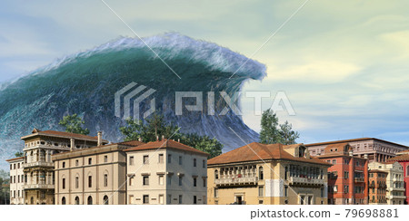 Tsunami wave apocalyptic water view urban flood Storm. 3D illustration 79698881