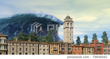 Tsunami wave apocalyptic water view urban flood Storm. 3D illustration 79698882