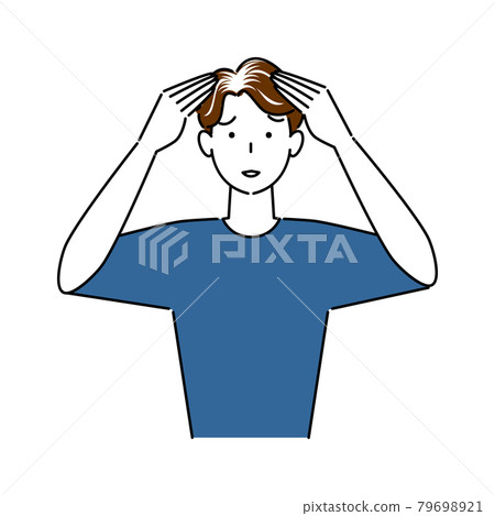 Hair care A cute man with a troubled face as thinning hair on the top of his head and gray hair at the hairline become noticeable Illustration Simple Vector 79698921
