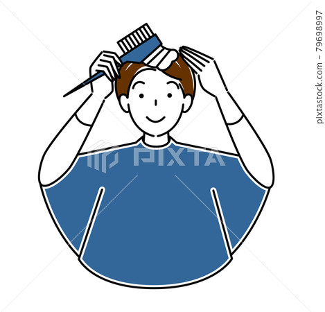 Hair care, self-coloring, gray hair dyeing, cute woman partially dyeing with a comb, illustration, simple, vector 79698997