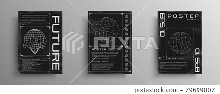 Set of retrofuturistic posters with HUD elements, broken laser grid, and wireframe liquid distorted planet. Black and white retro cyberpunk style poster cover design. Vector Set of retrofuturistic posters with HUD elements, broken laser grid, and wireframe liquid distorted planet. Black and white retro cyberpunk style poster cover design. Vector 79699007