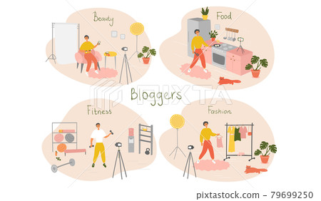 Set of male bloggers and vloggers characters making internet content. Men creating video for their blog channel. Influencers shooting vlog. Vector cartoon illustration Set of male bloggers and vloggers characters making internet content. Men creating video for their blog channel. Influencers shooting vlog. Vector cartoon illustration 79699250