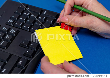 Hands Pointing Pressing Computer Keyboard Keys Typewriting New Ideas. Fingers Tapping Typing Fresh Thoughts Using Wireless Notebook Keypad. 79699331