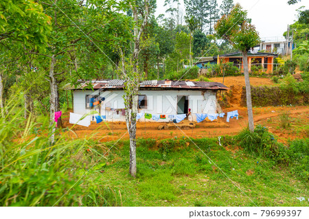 Poor dilapidated houses of the inhabitants of the island of Sri Lanka. Jungle lodging Poor dilapidated houses of the inhabitants of the island of Sri Lanka. Jungle lodging 79699397