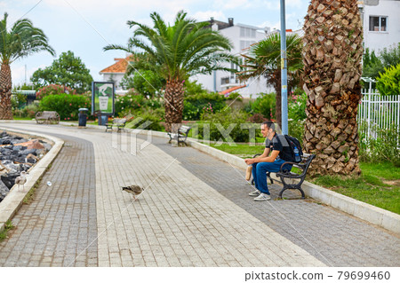 The guy feeds the seagulls with bread on the embankment The guy feeds the seagulls with bread on the embankment 79699460