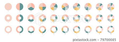 Wheel round diagram part symbol. Pie chart color icons. Segment slice sign. Circle section graph. 10,2,4,5 segment infographic. Three phase, six circular cycle. Geometric element. Vector illustration 79700085