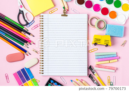 Top view of school supplies on table with copy space Top view of school supplies on table with copy space 79700173