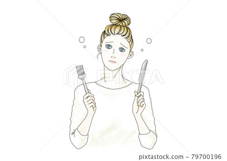 Hungry woman holding a fork and knife in both hands 79700196