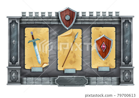 Game interface GUI stone menu panel, medieval RPG background design, rock frame, wooden shield. Game interface GUI stone menu panel, medieval RPG background design, rock frame, wooden shield. 79700613