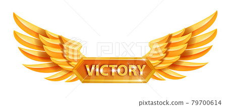Angel golden victory wings, game award vector badge, level up achievement reward, metal emblem. Angel golden victory wings, game award vector badge, level up achievement reward, metal emblem. 79700614