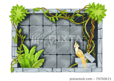 Stone jungle game frame, vector user interface rock background, cracked tiles, tropical bushes 79700615