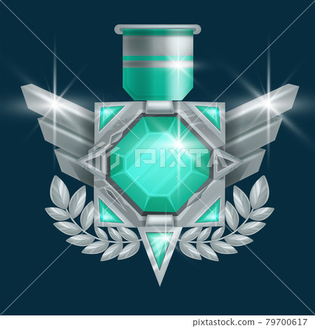 Game winner badge vector icon, UI rank award medal, silver trophy achievement, wings, green gemstone 79700617