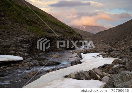 Scenic landscape with a mountain gorge and a stream among the rocks 79700666