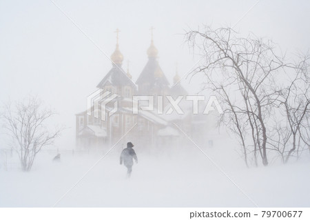 Blizzard in Anadyr city. Chukotka, Russia. Blizzard in Anadyr city. Chukotka, Russia. 79700677