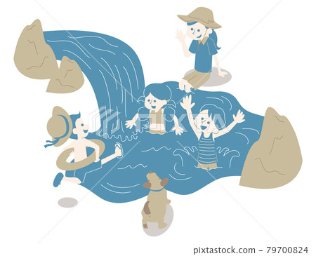 Isometric illustration of children enjoying playing in the river and their parents and dogs watching over them 79700824