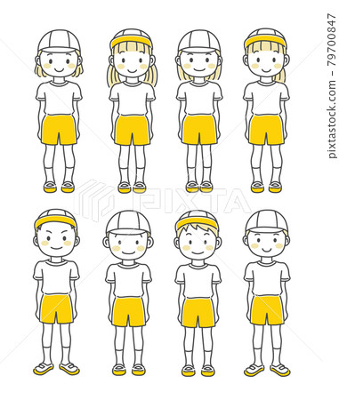 穿著運動服的男孩和女孩排成一排,全身 穿著運動服的男孩和女孩排成一排,全身 79700847