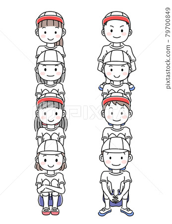 Boys and girls in gym clothes lined up in a sitting position 79700849