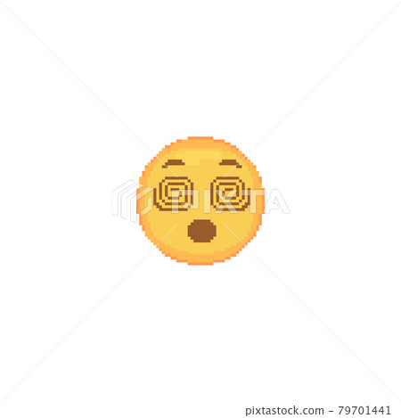 Pixel art Dizzy Emoji face icon. Vector cute pixel shock emoticon with opened mouth. Awe Emoji in retro pixel 8 bit style. Dizzy amazement emoji with spiral eyes yellow face isolated icon. 79701441