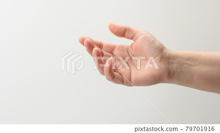 female hand extended forward with open empty palm on white background 79701916