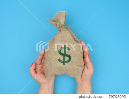 hand holds a canvas bag full of money with a US dollar icon on a blue background. Budget planning concept, profit and savings 79702095