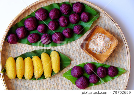 tray of vegan food from violet sweet potato, boiled banana tray of vegan food from violet sweet potato, boiled banana 79702699
